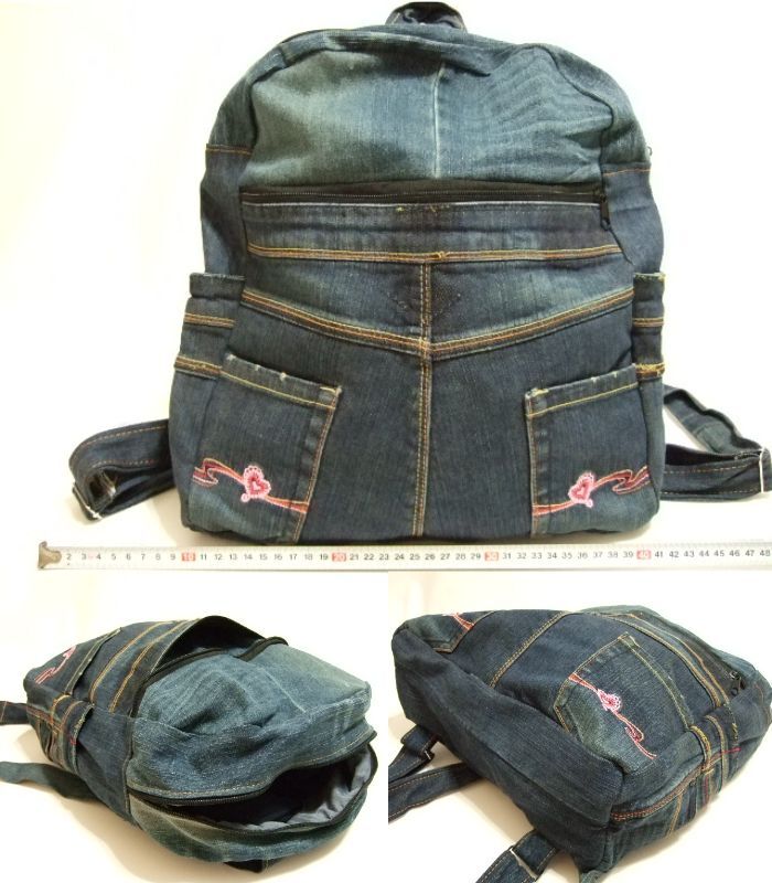 横浜最新 魅惑のデニムおしゃれリュック紺♪リメイクオリジナルバッグ 巾約31cm 縦37cm マチ11cm メンズレディース 送料無料ξblξ ξ63拍卖