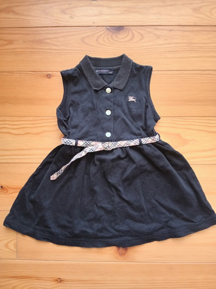 バーバリーロンドン【90cm】ノースリポロシャツワンピース★ブラック定番ノバチェック柄ベルト付き拍卖
