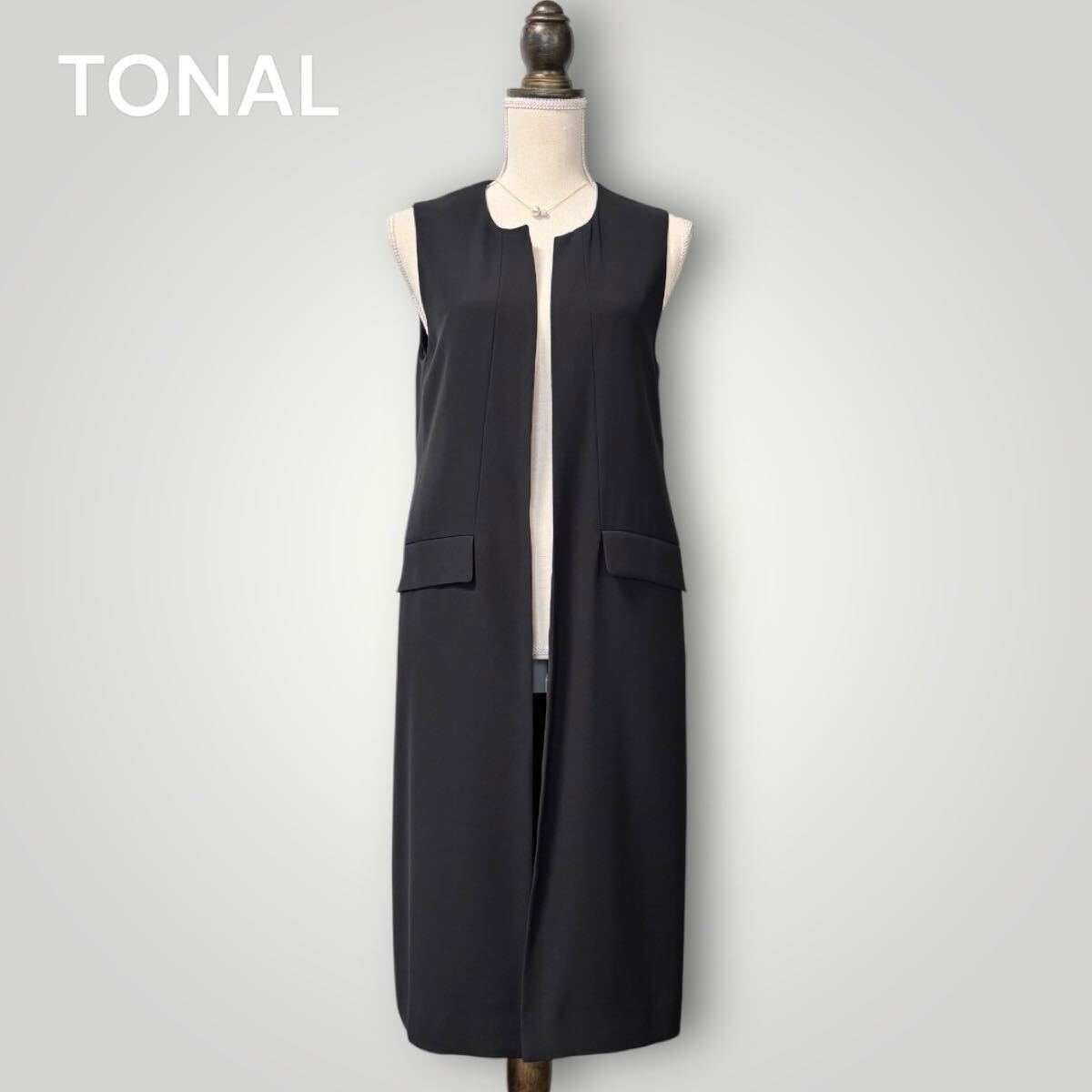 1808 新品【TONAL/トーナル】高品質ノーカラーロングジレ 日本製 羽織り 上品 キレイめ オフィス 黒 M ブラック レイヤード オシャレ拍卖