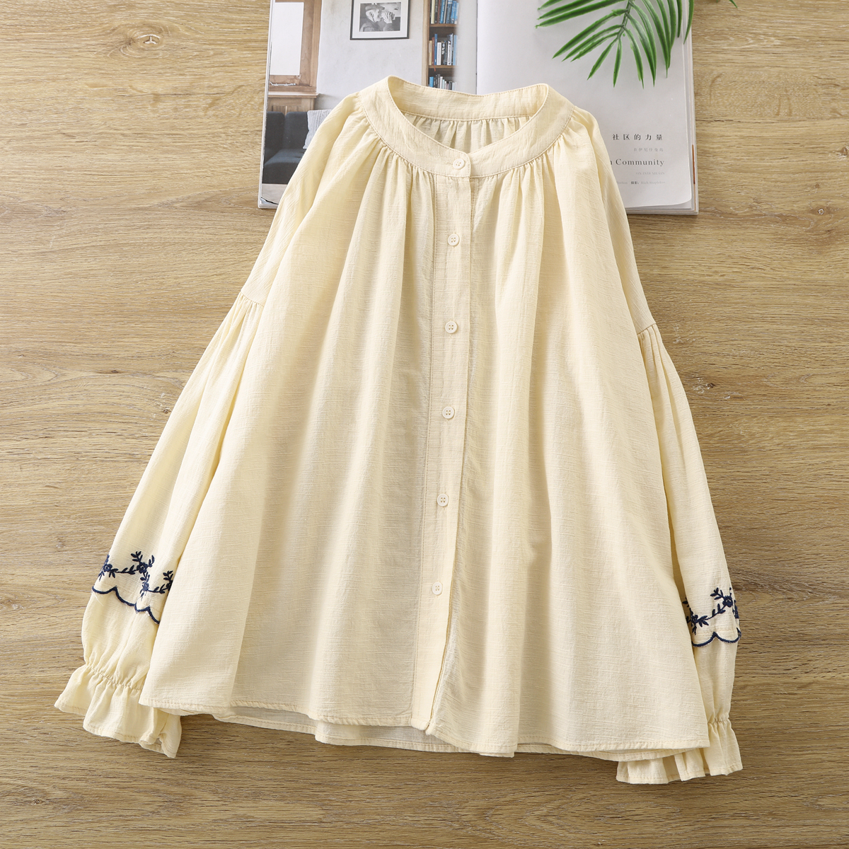 新品袖刺繍花柄 チュニック ワイシャツ トップス 綿100% ゆったり オシャレ フリーサイズ ナチュラルお色選択可拍卖