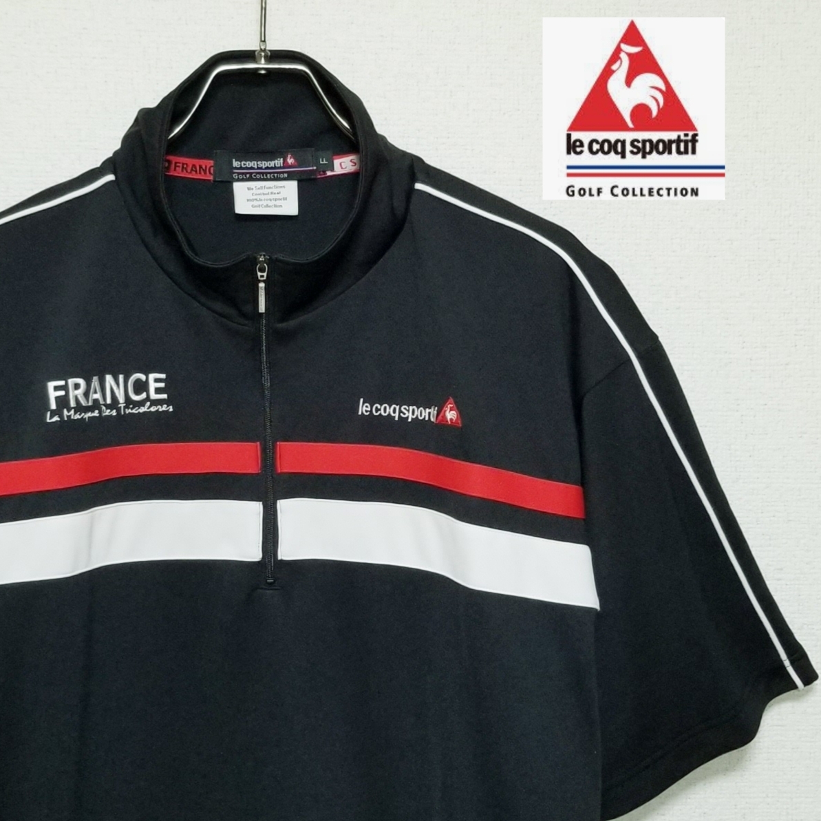 【BIGサイズ/デサント製/美品】◎ le coq sportif GOLF ルコックゴルフ/ 半袖 刺繍ロゴ ハーフジップ ゴルフウェア SIZE: LL ブラック拍卖