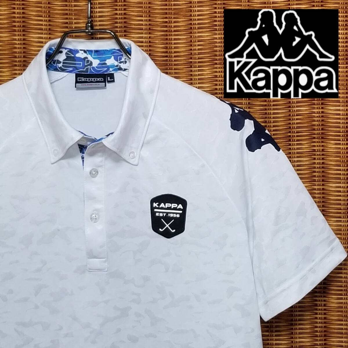 【美品】◎ Kappa カッパ/ 半袖 透かし総柄 ボタンダウン ポロシャツ ゴルフウェア SIZE: L ホワイト拍卖