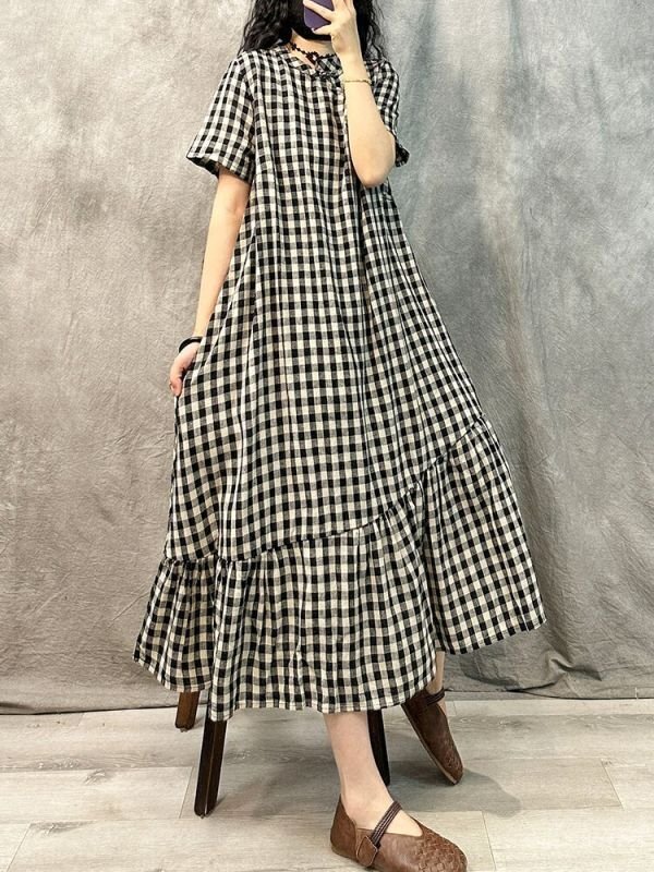 LB147 aライン ワンピース レディース ロングワンピース 半袖 マキシ丈 ロングワンピ 綿麻調 ワンピース チェック柄 体型カバー 大拍卖