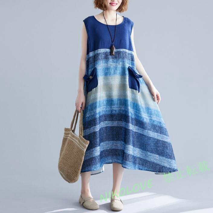 新品 夏 ワンピース リネンワンピース ノースリーブ きれいめ 体型カバー カジュアル ロングワンピース プリント柄 マキシワンピース拍卖