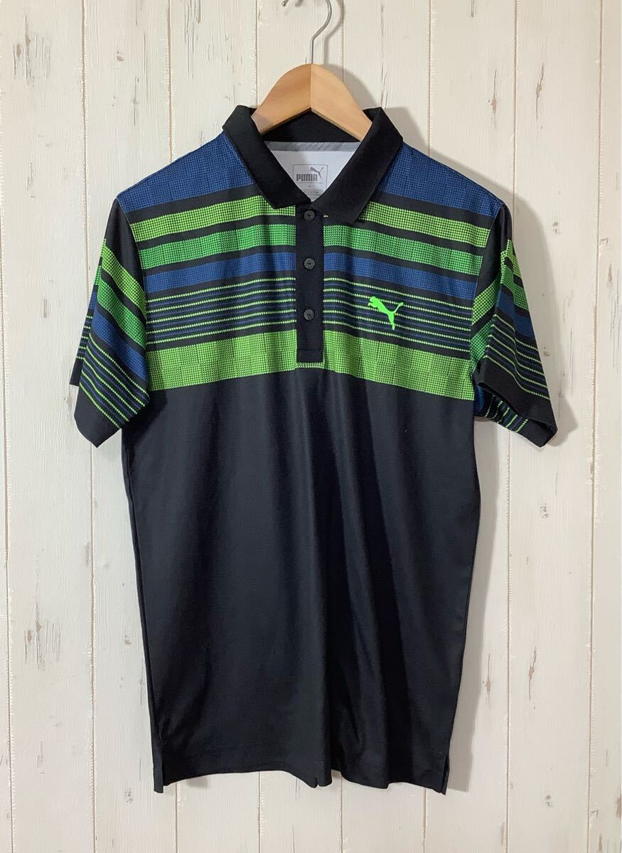 し1649 PUMA GOLF プーマゴルフ メッシュ半袖ポロシャツ M 蛍光グリーン/ブルー/ブラック拍卖