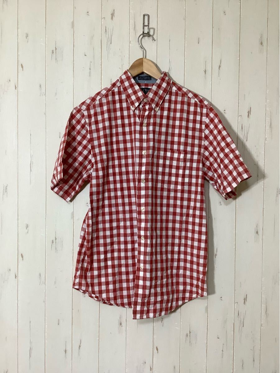ち1640 CHAPS チャップス チェック 半袖シャツ M レッド/ホワイト ボタンダウン 拍卖
