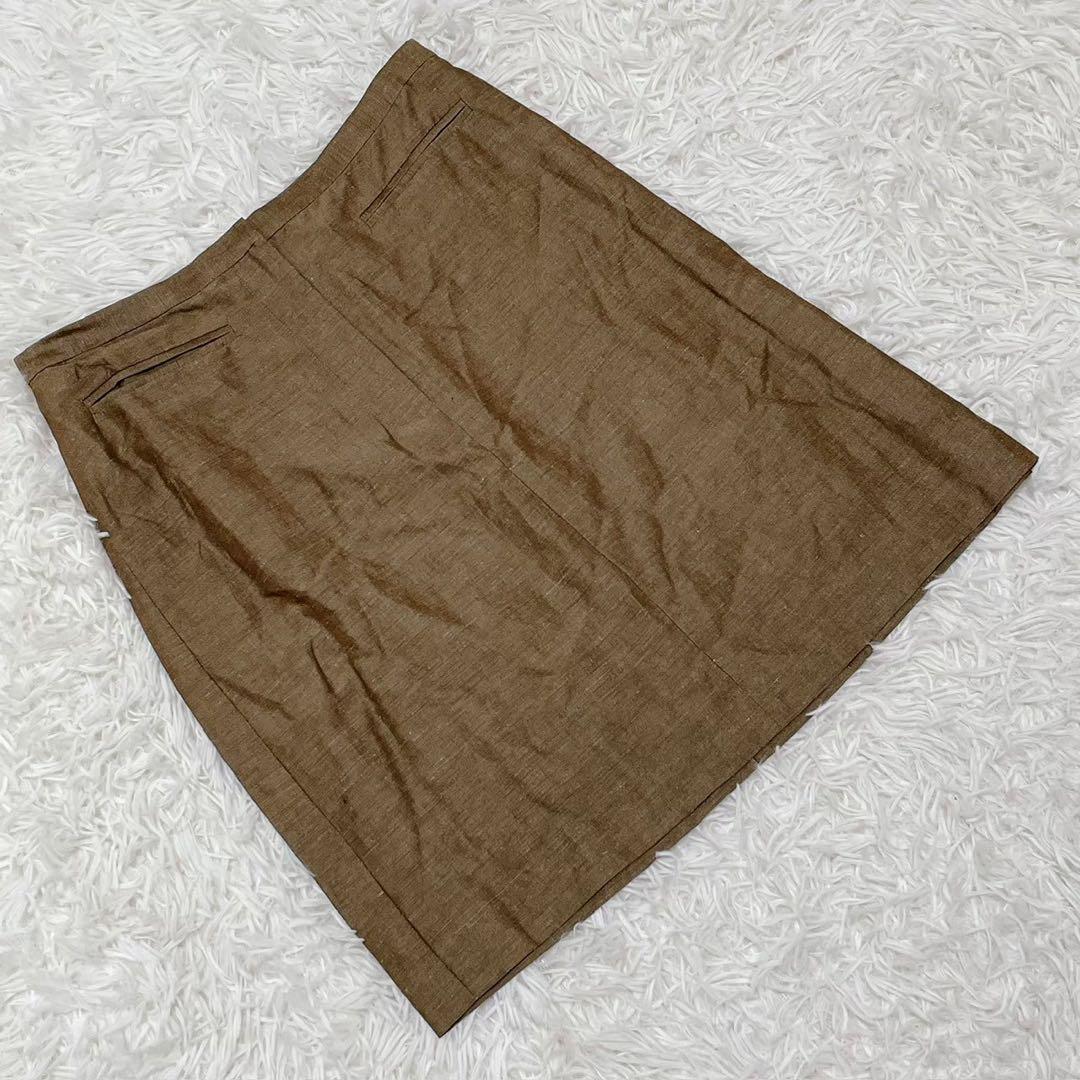 新品 『ダナキャラン』 (6) 膝丈タイトスカート 台形 リネン シルク混 茶拍卖