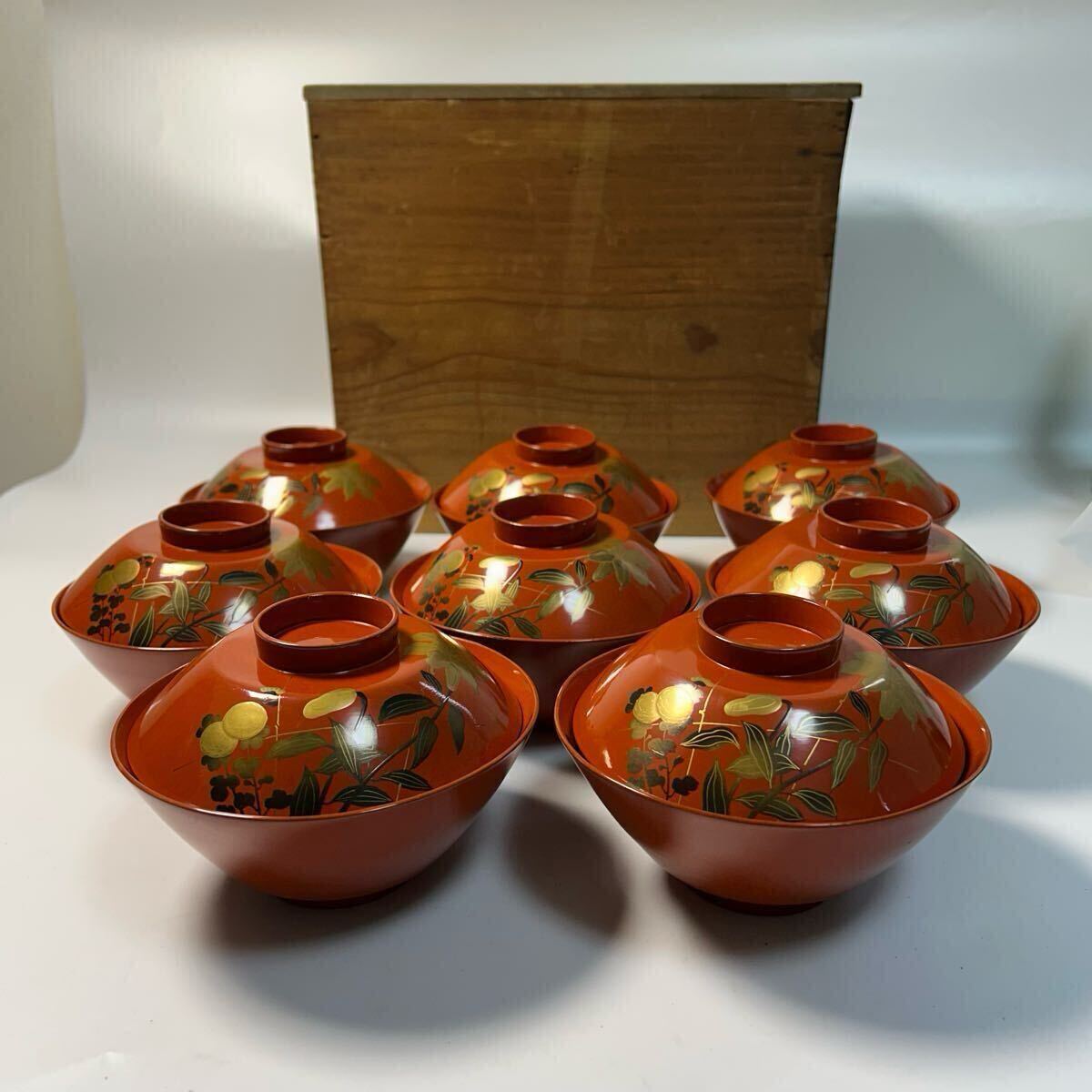 吸物椀 汁椀 8個セット 木製 洗朱 蓋付椀 漆器 和食器 蒔絵 アンティーク 長期保管品 ミ35拍卖