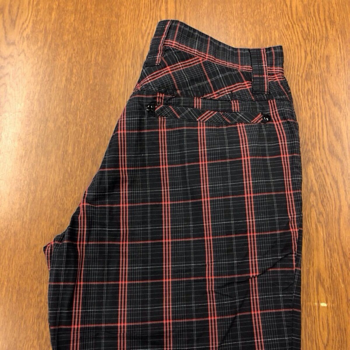【GF047】OAKLEY W34 チェック柄カラーパンツ 薄地 ブラック×レッド 両裾スリット ストレッチ生地 ブランド古着 オークリー 送料無料拍卖