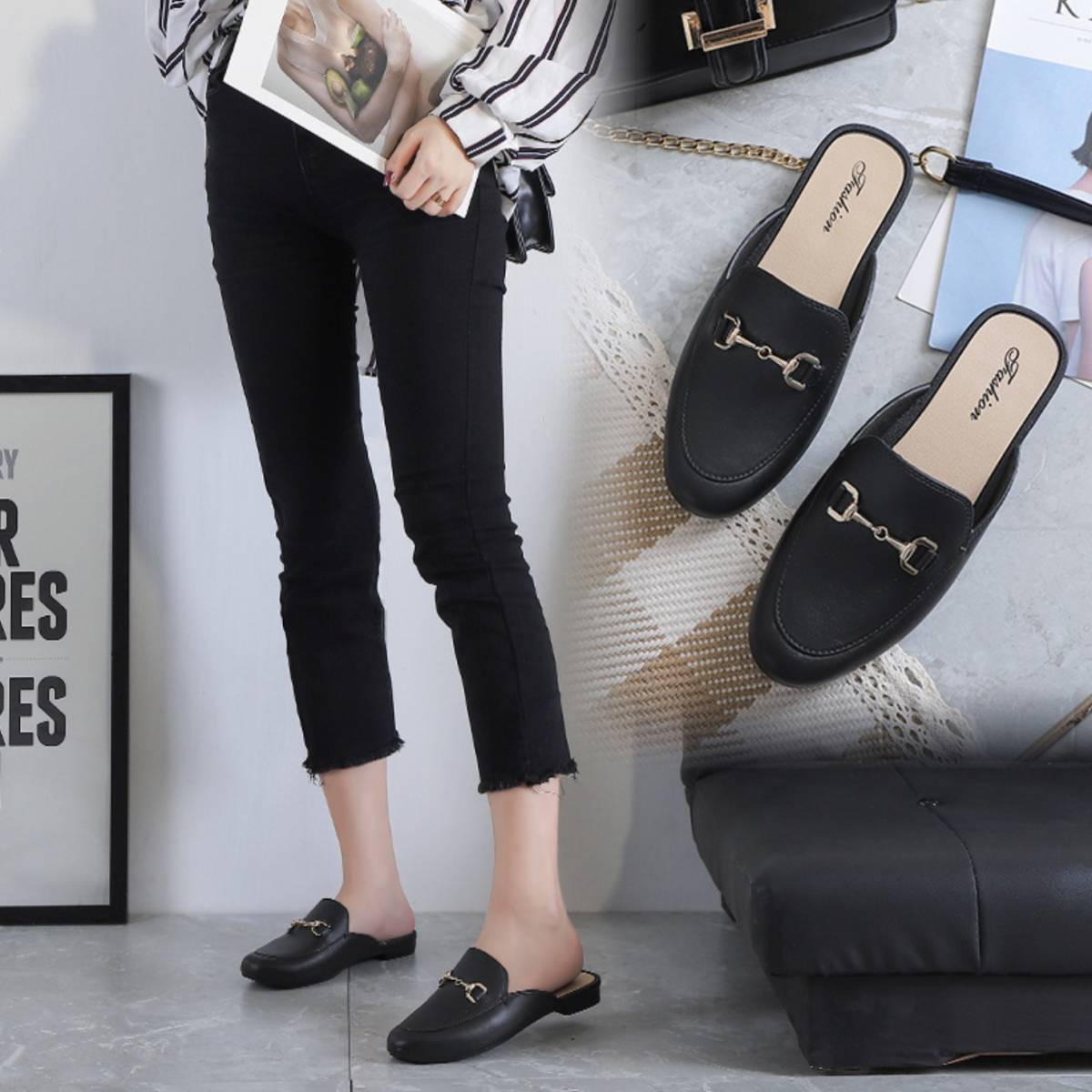 送料無料★即納 新品 ローファーサンダル 可愛い フラットサンダル サンダル★38/ブラック拍卖