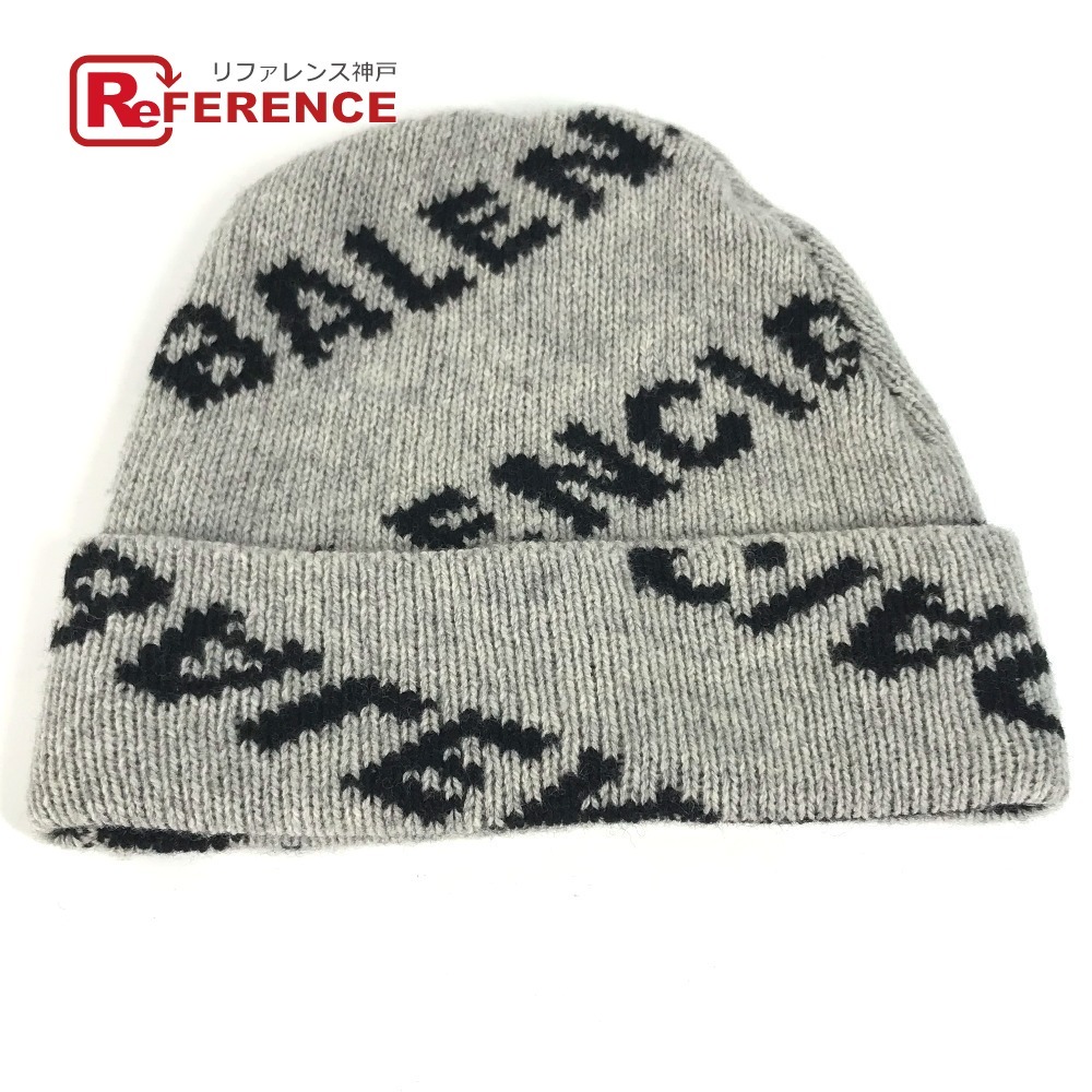 美品 BALENCIAGA バレンシアガ 555277 ロゴ バイカラー 総柄 ビーニー 帽子 ニット帽 ニットキャップ ニット帽 グレー【中古】拍卖