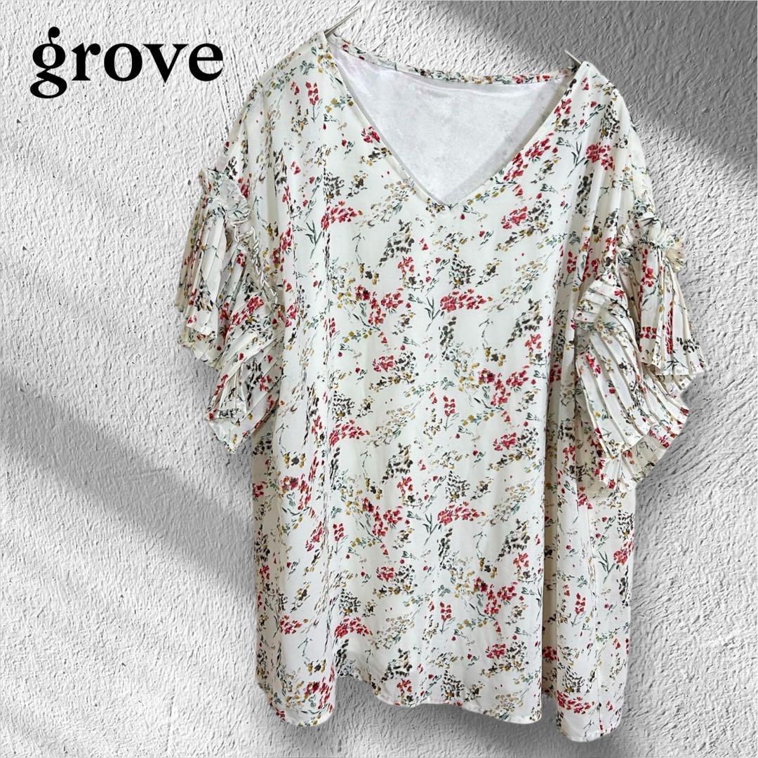 grove 花柄フリル袖 ブラウス Vネックシャツ M ゆったり 夏プリント拍卖