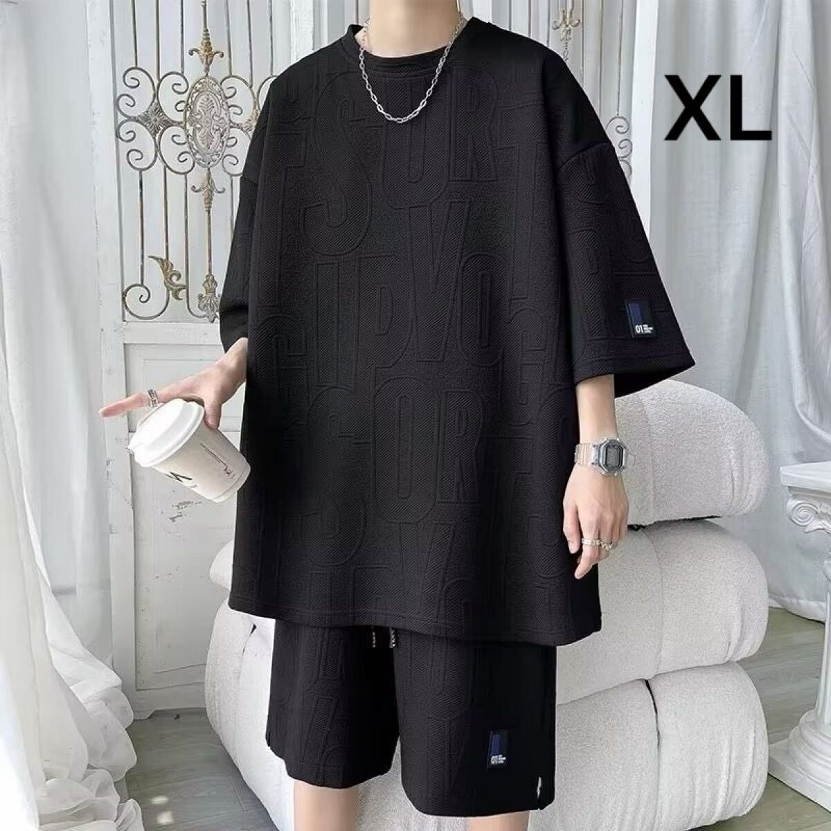セットアップ 上下セット スウェット ルームウェア 部屋着 夏服 Tシャツ ブラック 黒 ロゴ拍卖