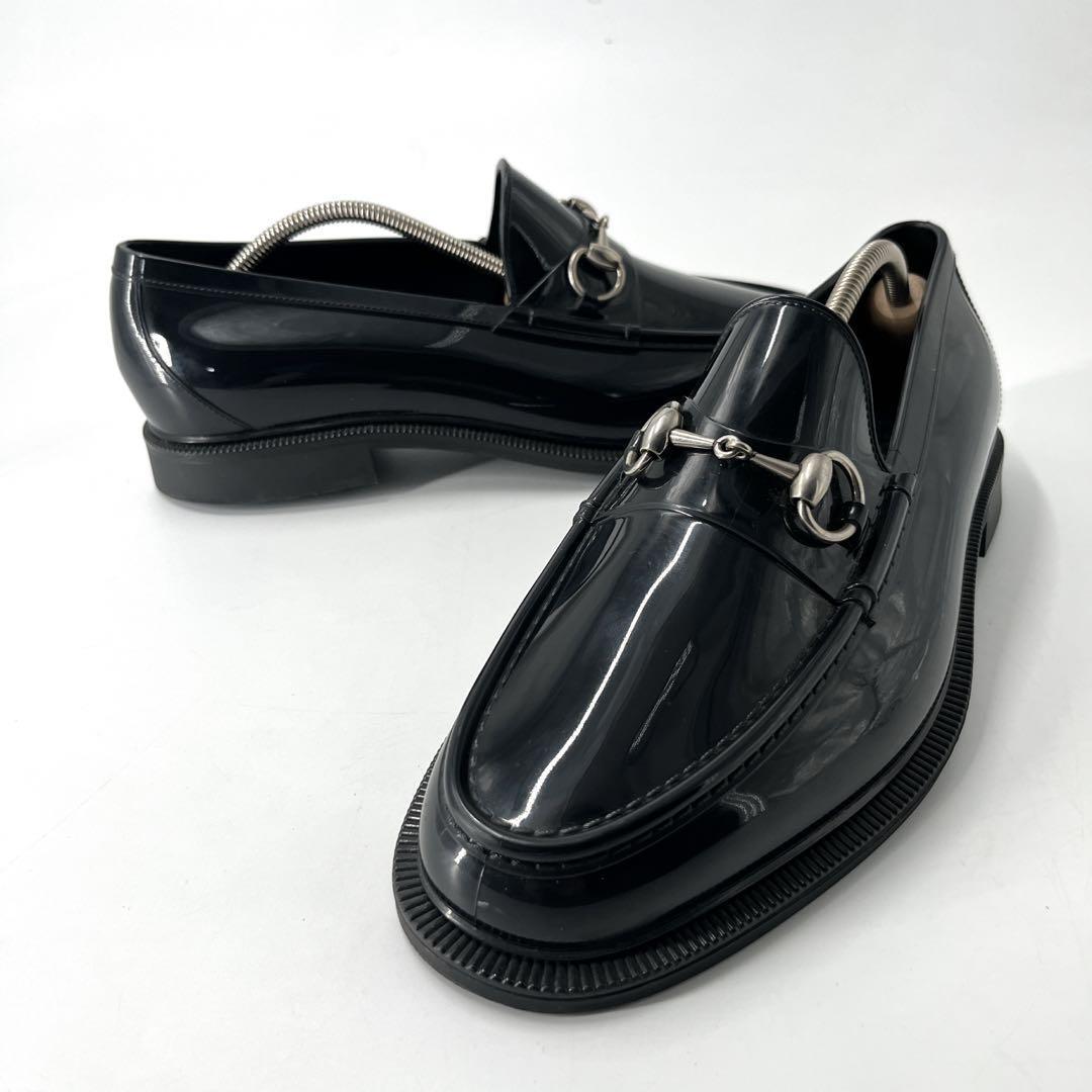 GUCCI グッチ レインシューズ ラバーホースビットローファー エナメル 約27cm ブラック シルバー金具 革靴拍卖