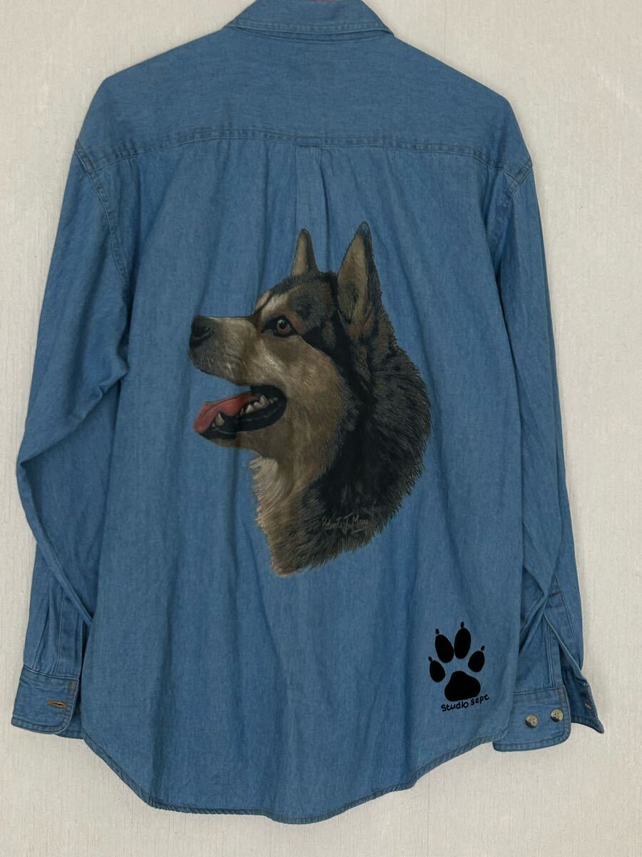 希少 Robert J.May ジャーマンシェパード ビッグプリント 長袖デニムシャツ拍卖