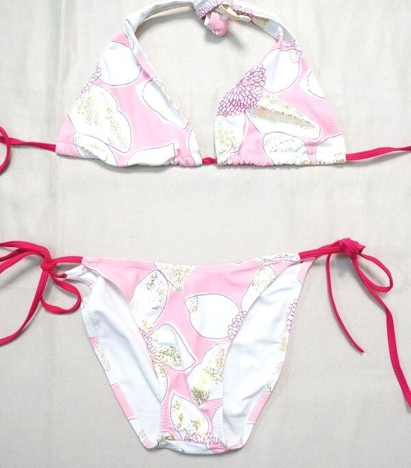 ★ローライズ紐ビキニ水着/マイクロビキニ/スポーツビキニ水着/女装/コスプレ水着/淡ピンク金白柄拍卖