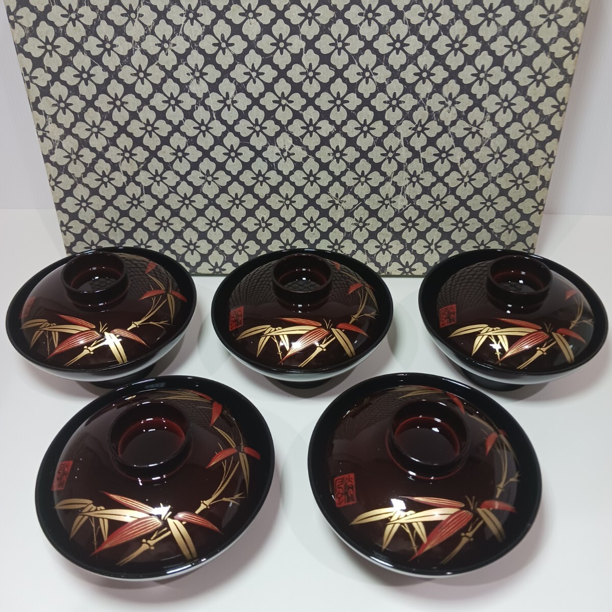 溜 古代吸物椀 5客 セット 竹柄 蓋付き 汁椀 吸物椀 お椀 漆器 和食器 漆 拍卖