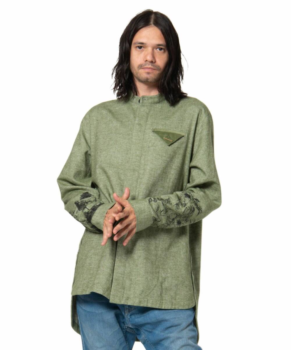 glamb/グラム/Band collar tattoo SH/バンドカラータトゥーシャツ/草花袖プリント/胸ライアングルフラップポケット/ボタンん開閉スリット拍卖