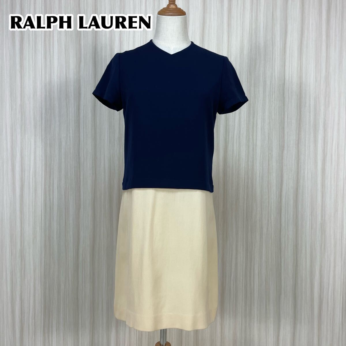 ☆美品☆RALPH LAUREN☆ラルフローレン ウール 半袖 バイカラーワンピース ひさ丈 サイズ9 切り替えし 裏地付 ネイビー × ベージュ 古着拍卖