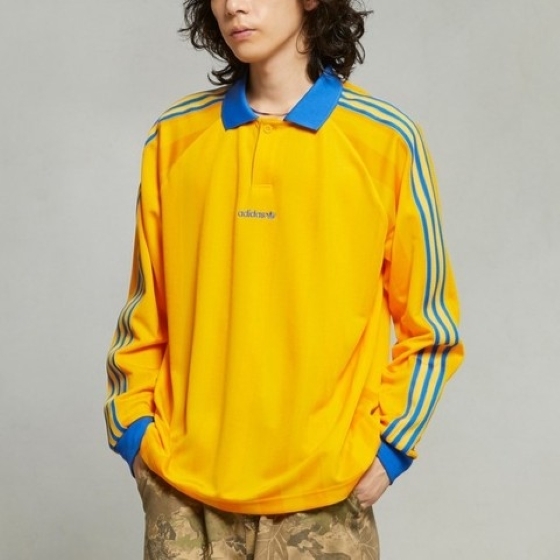 アディダス L ロングスリーブ ポロ襟 ジャージ 定価9900円 イエロー ブルー 長袖 シャツ オリジナルス コラボ 拍卖