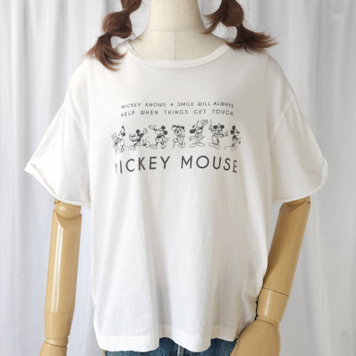 used フリーサイズ Right-on ライトオン Disney ディズニー ミッキー プリントTシャツ 白(ホワイト)系 キャラT 古着【1000円スタート】拍卖