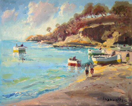 ヨーロッパ絵画 肉筆油絵 (額縁付きで納品対応可) サイズF6号 ラザロッティー作 「海岸風景」拍卖