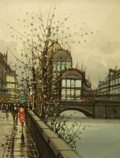 ヨーロッパ絵画 肉筆油絵 (額縁付きで納品対応可) サイズF6号 ニネッティー作 「パリの街角」拍卖