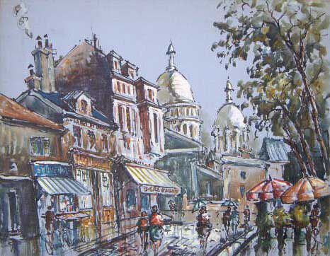 ヨーロッパ絵画 肉筆油絵 (額縁付きで納品対応可) サイズF6号 マニュエル作 「パリの街角」拍卖