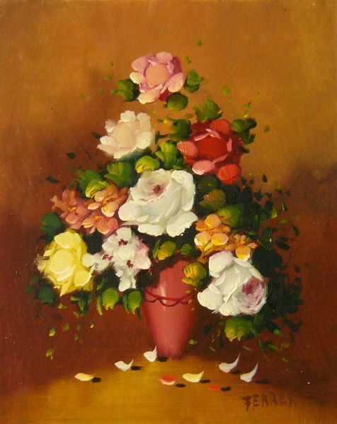 ヨーロッパ絵画 肉筆油絵 (額縁付きで納品対応可) サイズF6号 フェラー作 「花瓶の花束」拍卖