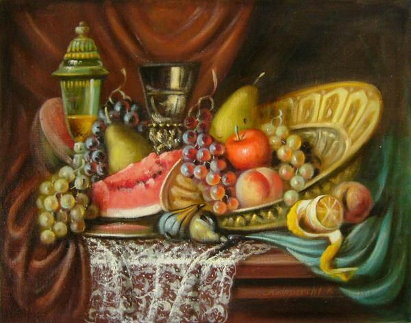 ヨーロッパ絵画 肉筆油絵 (額縁付きで納品対応可) サイズF6号 レインプレヒト作 「静物画」拍卖