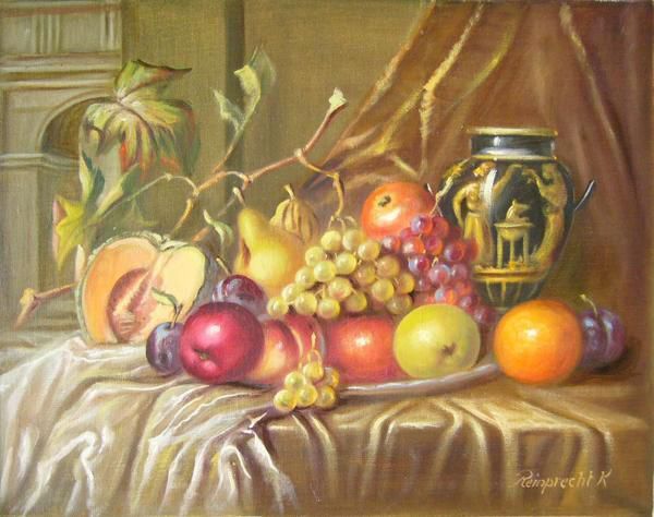 ヨーロッパ絵画 肉筆油絵 (額縁付きで納品対応可) サイズF6号 レインプレヒト作 「静物画」拍卖