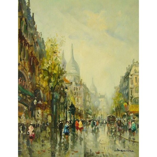 ヨーロッパ絵画 肉筆油絵 (額縁付きで納品対応可) サイズF6号 ディモニ作 「パリの街角:ムーランルージュ」拍卖