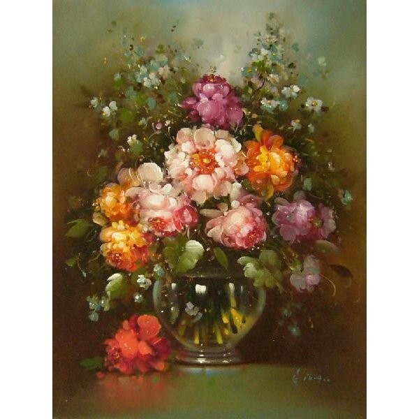 ヨーロッパ絵画 肉筆油絵 (額縁付きで納品対応可) サイズF6号 ギッタ作 「花瓶の花束」拍卖
