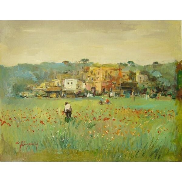 ヨーロッパ絵画 肉筆油絵 (額縁付きで納品対応可) サイズF6号 カンザネラ作 「花畑」拍卖