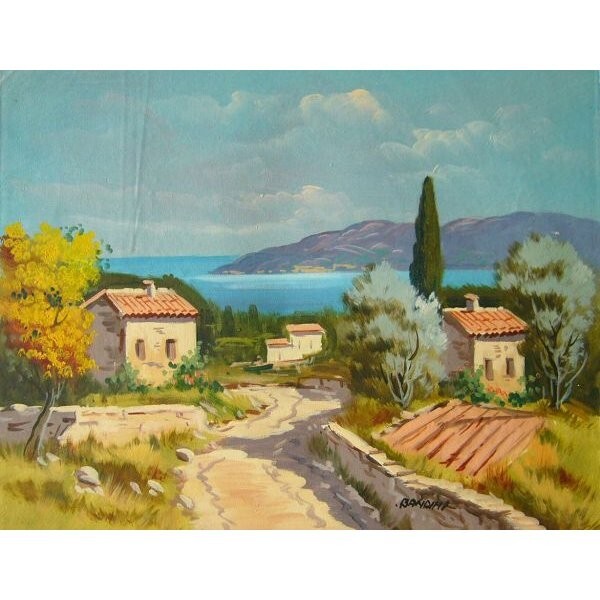 ヨーロッパ絵画 肉筆油絵 (額縁付きで納品対応可) サイズF6号 バンディーニ作 「湖畔」拍卖