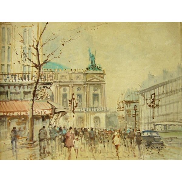 ヨーロッパ絵画 肉筆油絵 (額縁付きで納品対応可) サイズF6号 ロベルティー作 「パリの街角」拍卖