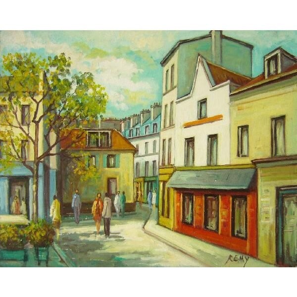 ヨーロッパ絵画 肉筆油絵 (額縁付きで納品対応可) サイズF6号 レミー作 「パリの街角」拍卖