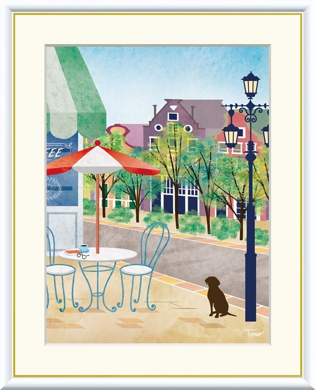 高精細デジタル額装版画 現代アート Tomohiro 街路樹のある風景 横田友広 (よこた ともひろ) 「 カフェテラス 」 サイズ F8号拍卖