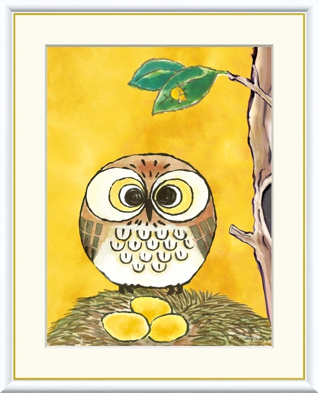 高精細デジタル額装版画 現代アート Hinako しあわせのふくろう 日菜子 (ひなこ) 「 よろこび 」 サイズ F4号拍卖