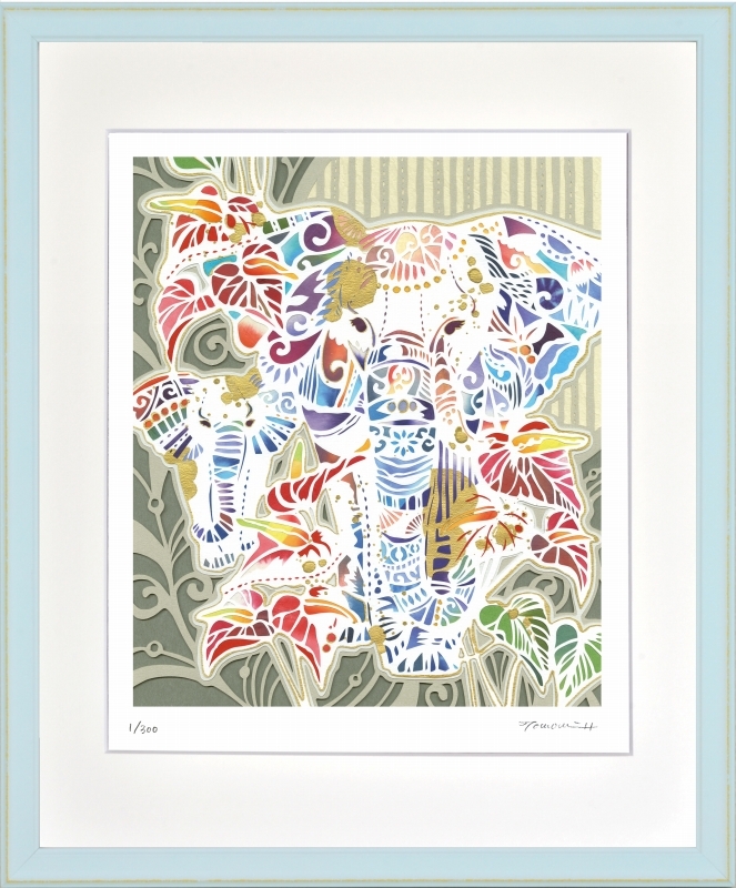 ジークレー版画 額装絵画 平石智美 「ゾウとアンスリウム」 四ッ切拍卖