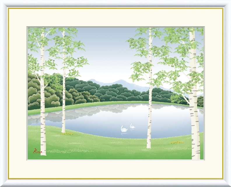 高精細デジタル額装版画 現代アート Rinko 森と湖のある風景 竹内凛子 (たけうち りんこ) 「 湖畔清風 」 サイズ F8号拍卖