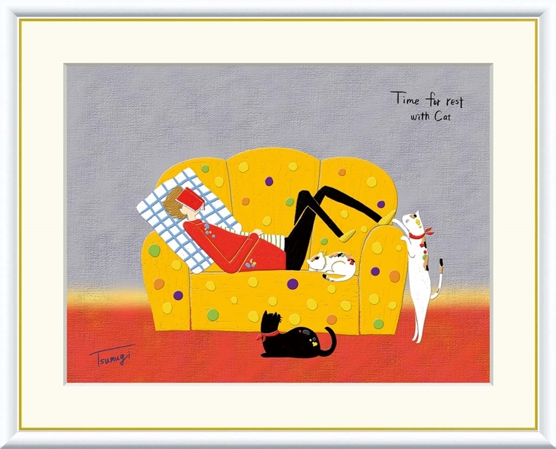 高精細デジタル額装版画 現代アート Tsugumi Time for rest -動物のいる暮らし- 山田 つむぎ(やまだ つむぎ)「 うたた寝 」 サイズ F8号拍卖