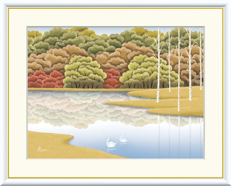 高精細デジタル額装版画 現代アート Rinko 森と湖のある風景 竹内凛子 (たけうち りんこ) 「 湖畔紅染 」 サイズ F4号拍卖