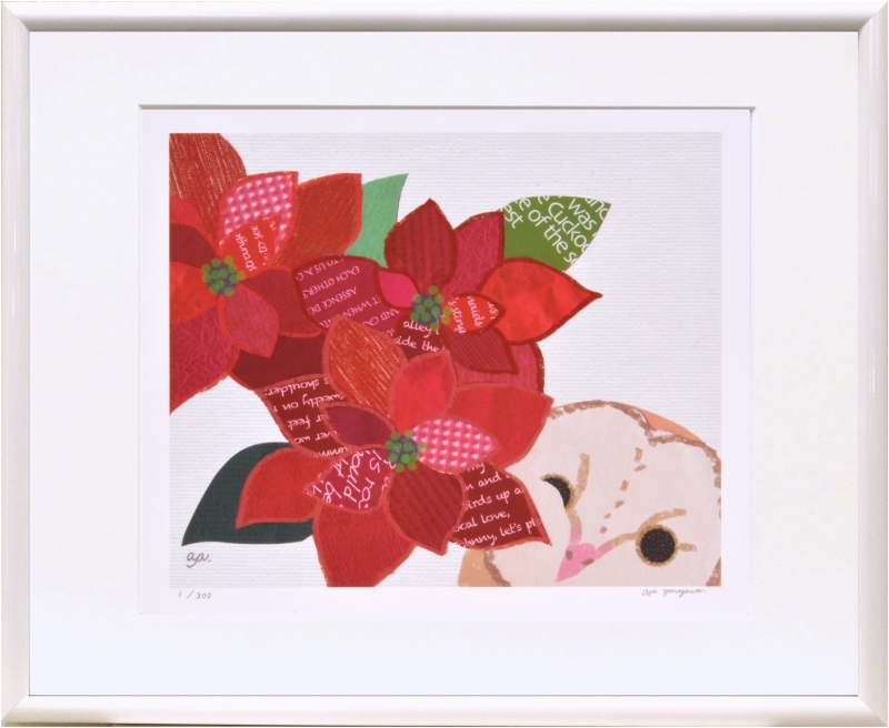 ジークレー版画 額装絵画 米澤彩 「ポインセチアとメンフクロウ」 四ッ切拍卖