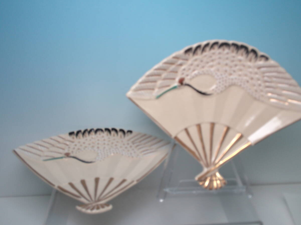 ☆お料理屋さんの器 金彩 色絵 翔鶴文 扇面形 三つ足 皿向付 二客 茶懐石/割烹/日本料理 拍卖
