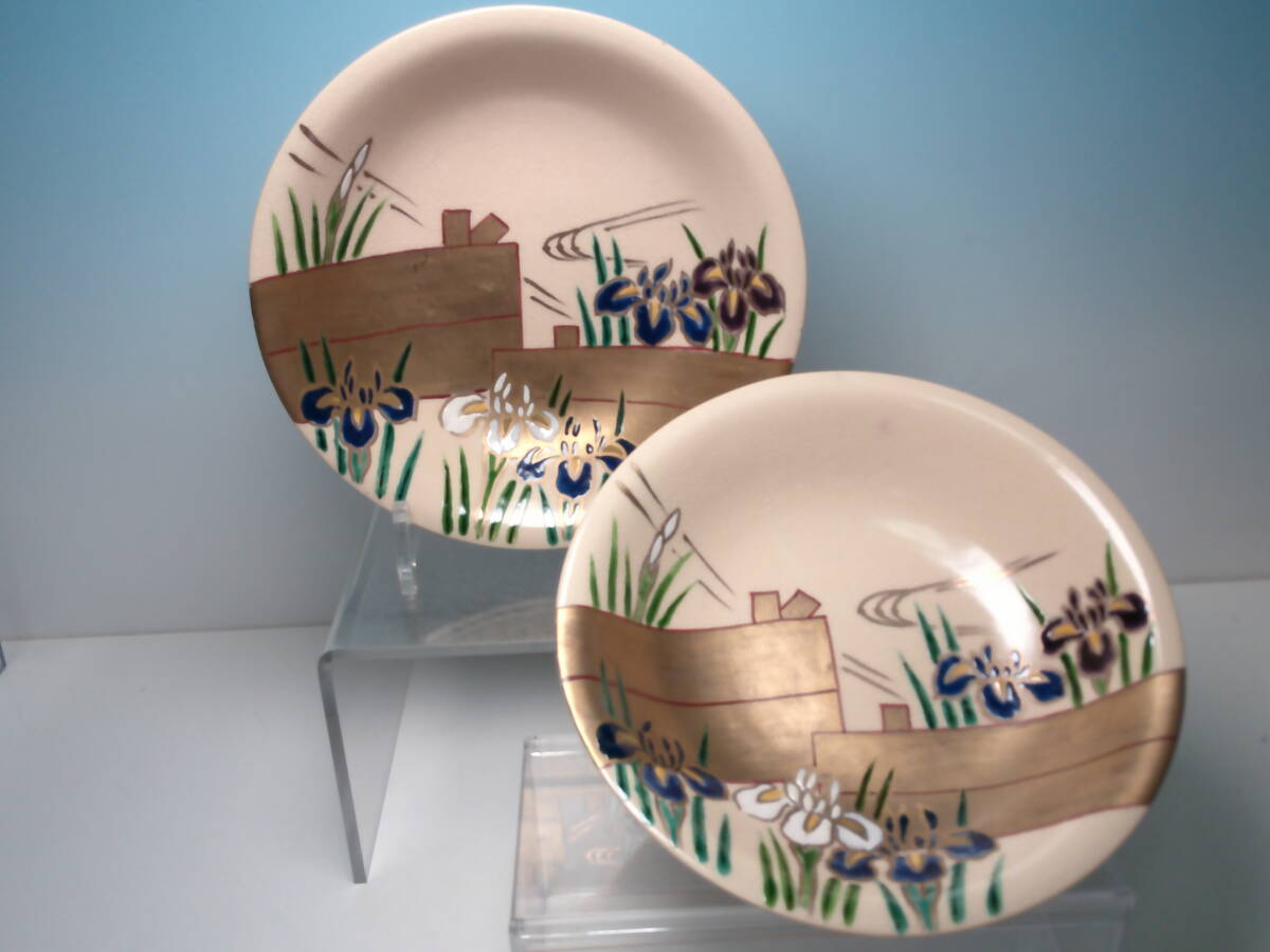 ☆お料理屋さんの器 乾山写 色絵 菖蒲に流水文 18,4cm 深皿 二客 向付/茶懐石/割烹/日本料理 拍卖