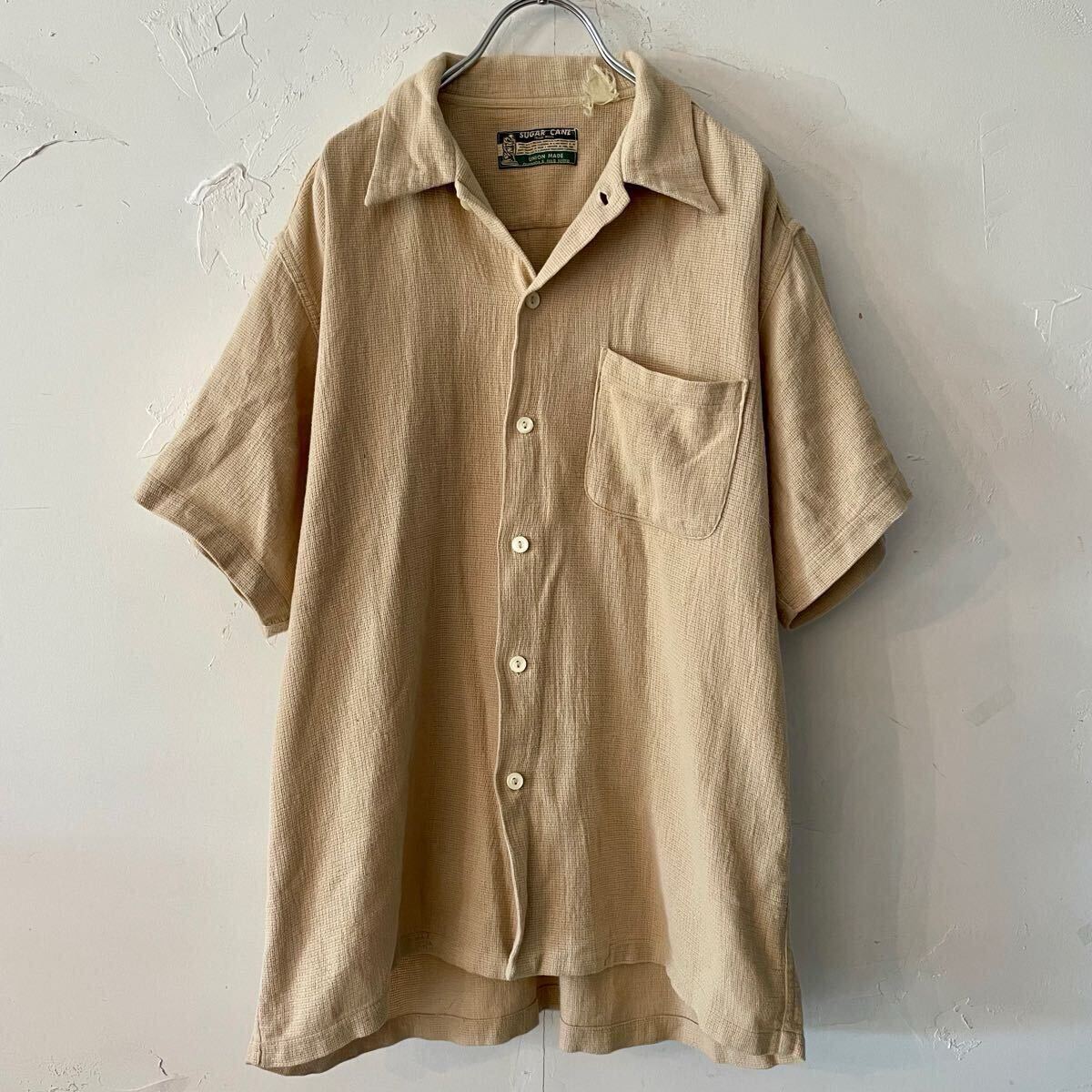 5 ヴィンテージ SUGAR CANE リネン?レーヨン?半袖 オープンカラーシャツ 開襟シャツ 無地 アイボリー メンズ古着 TOYOエンタープライズ拍卖