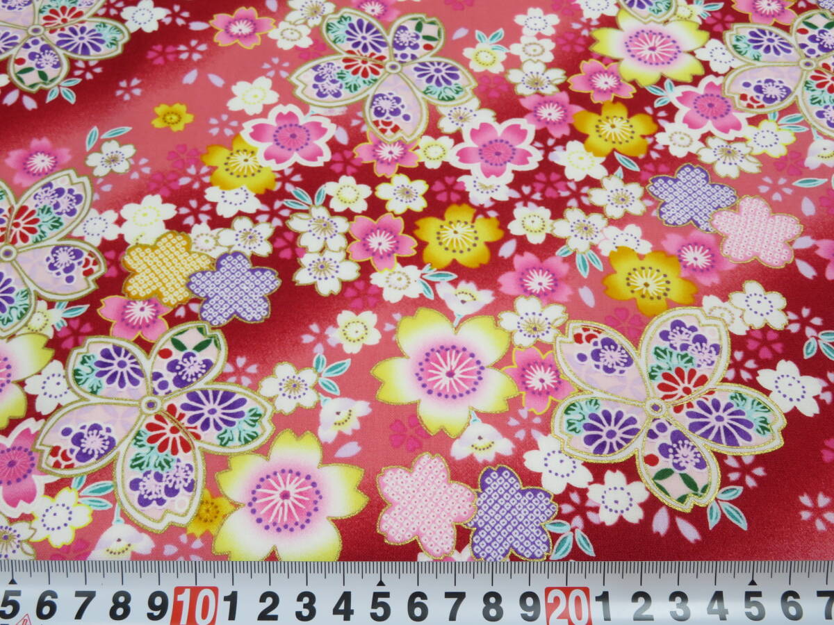 1m単位切り売り N-185 さくら 桜 サクラ 赤色 赤 約110㎝幅 桜吹雪 桜柄 金襴 金ラメ 和調 和柄 薄手 シーチング 布 生地 日本製 コットン拍卖