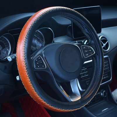 【高級PUレザー製】ステアリングカバー 38cm Sサイズ 汎用 ハンドルカバー ブラウンxブラック クラシカル 内装 静音効果 滑り止め 一般車拍卖