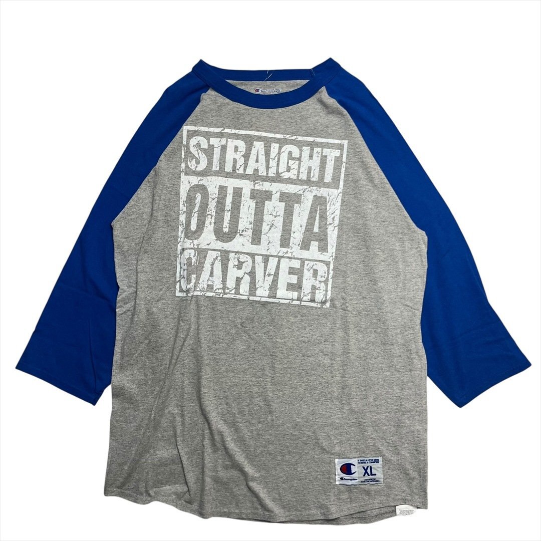 Vintage チャンピオン STRAIGHT OUTTA CARVER ロゴ ラグラン 七分袖 シャツ 長袖 グレー Champion 古着 メンズ XL 七分丈 ヴィンテージ拍卖